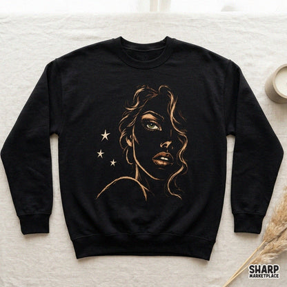 Elegant golden line art portrait of a woman with stars for retro t-shirt designs and custom prints