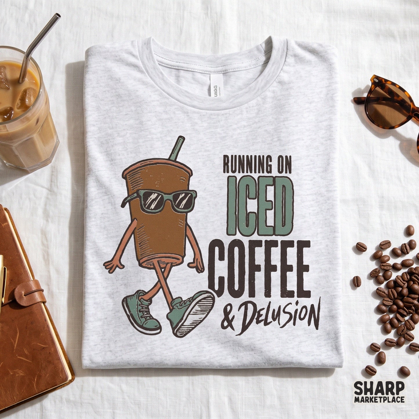 Funny walking iced coffee cup graphic for sassy t shirts and trendy retro stickers