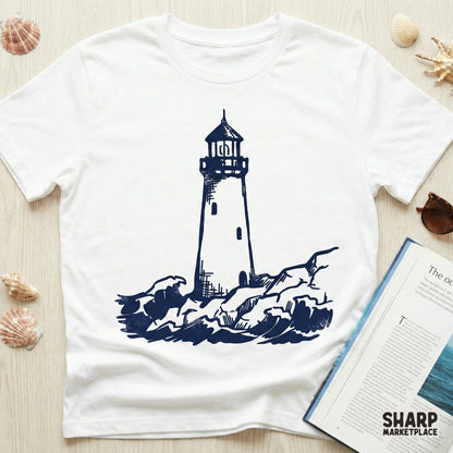 Classic maritime lighthouse design with crashing sea waves, suitable for high-quality sublimation printing on tumblers, apparel, and wall art prints.