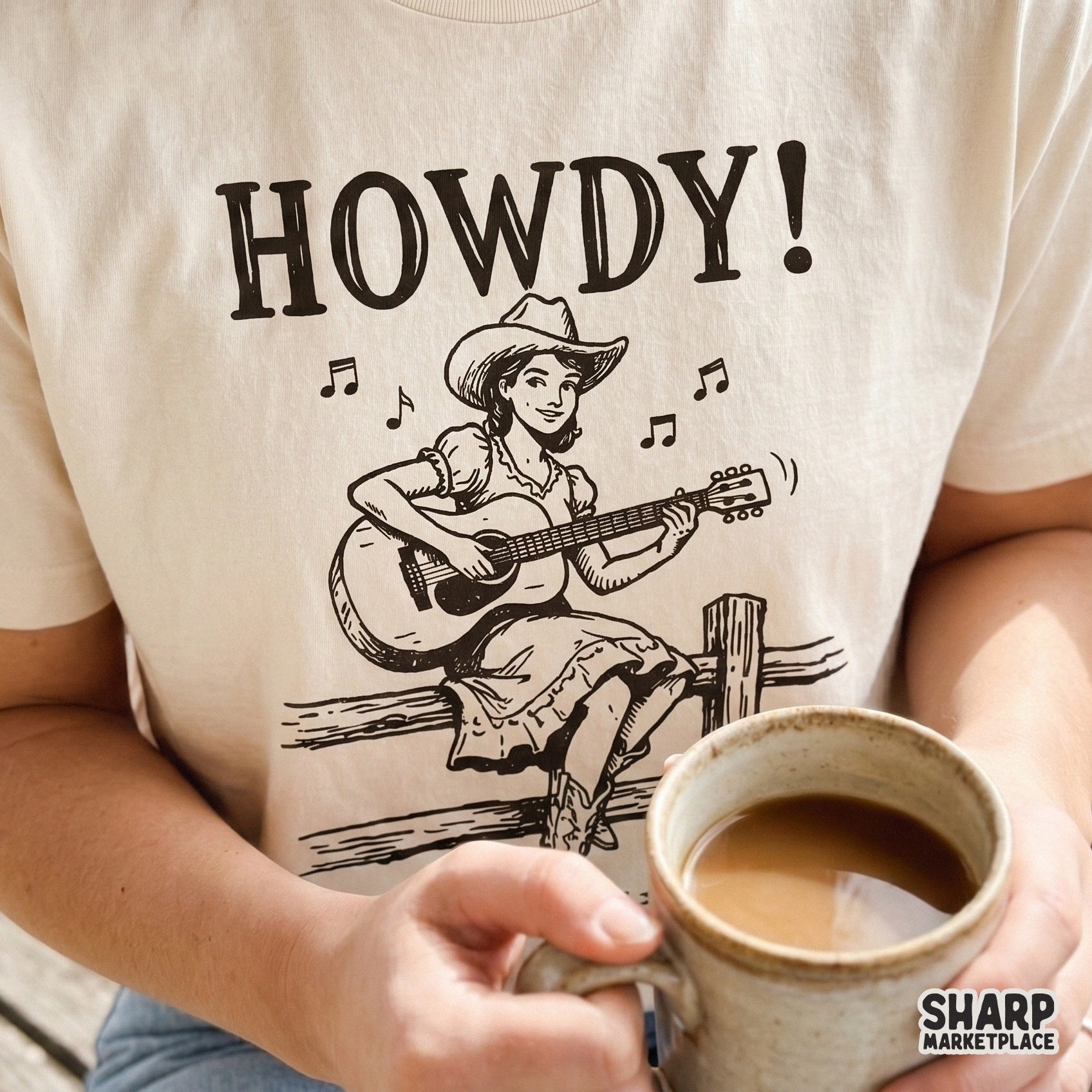 Nostalgic country music design with a cowgirl and guitar sketch, perfect for creating custom tumblers, posters, and trendy western apparel.
