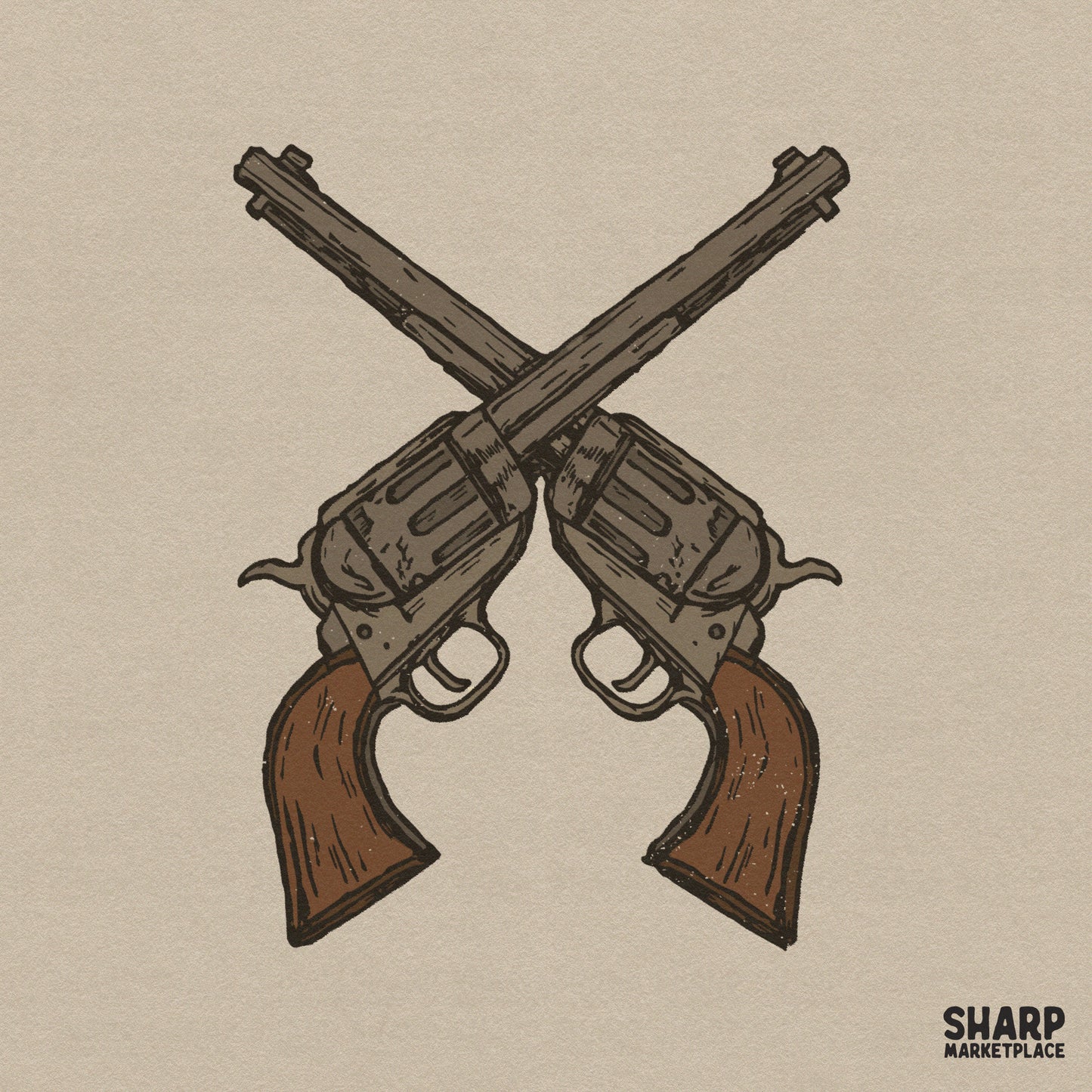 Vintage crossed revolvers illustration with western cowboy style for outlaw themed shirts and sublimation designs