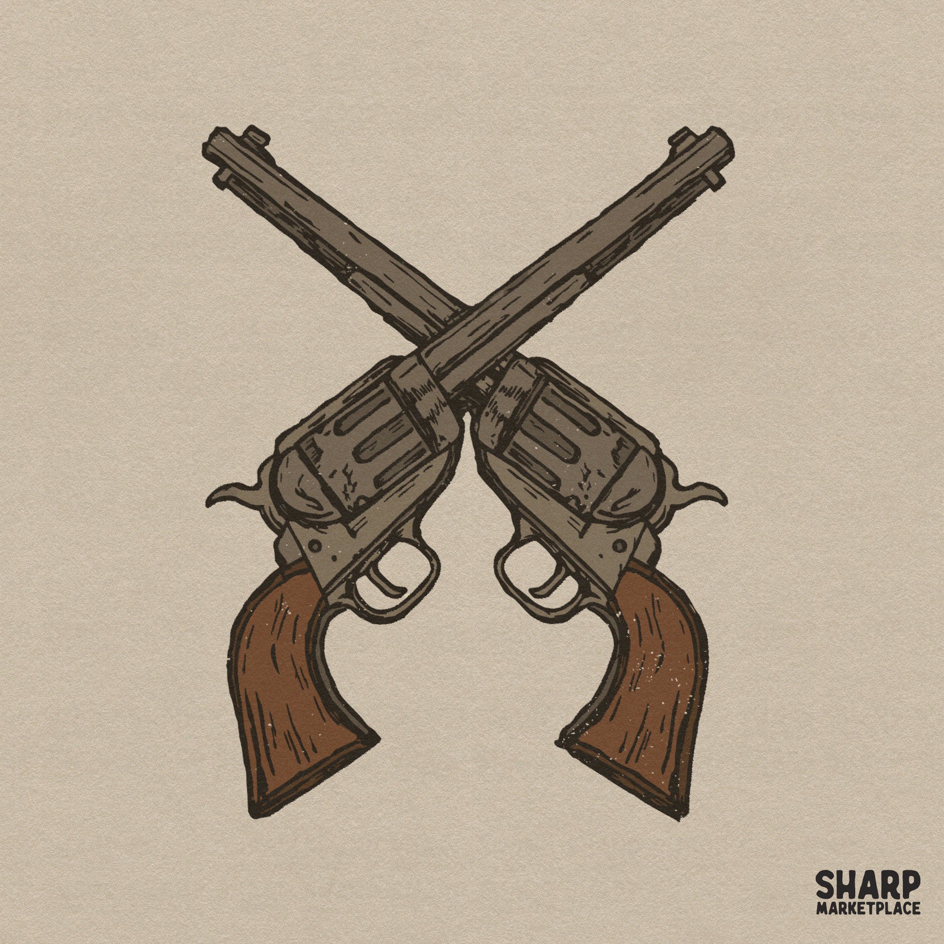Vintage crossed revolvers illustration with western cowboy style for outlaw themed shirts and sublimation designs