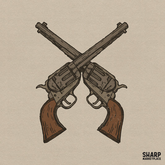 Vintage crossed revolvers illustration with western cowboy style for outlaw themed shirts and sublimation designs