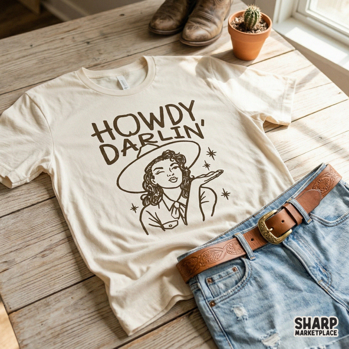 Brown line art design of a winking cowgirl in a wide-brimmed hat blowing a kiss with sparkles, perfect for trendy western t-shirt printing.
