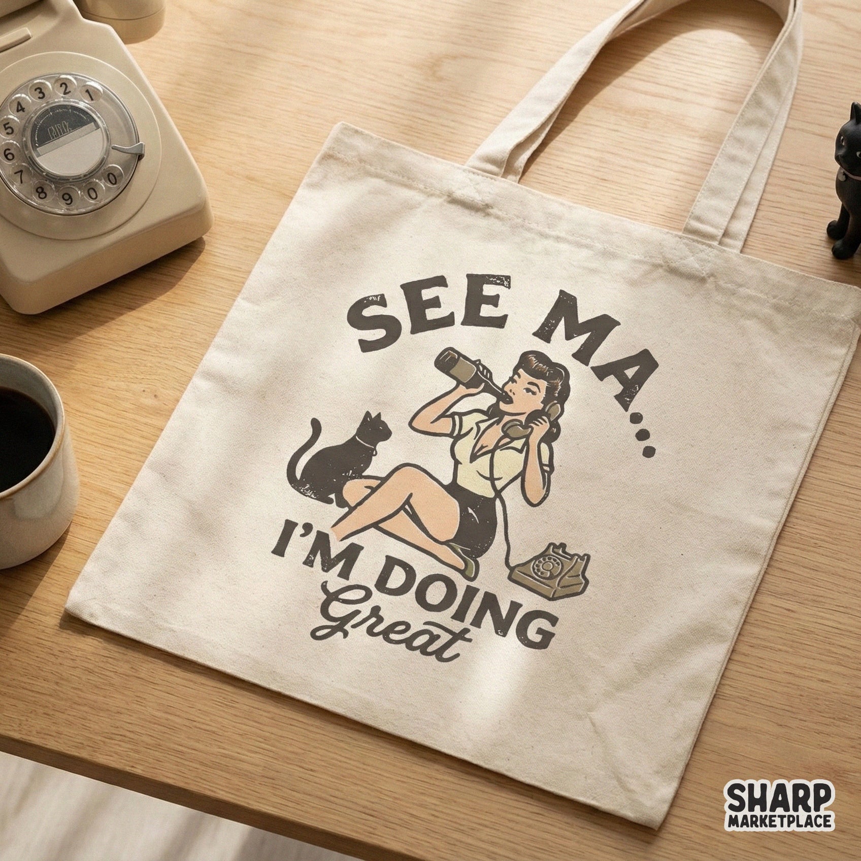 Digital download graphic of a sarcastic pinup girl with a black cat, perfect for sublimation, apparel, or stickers with a muted vintage color palette.