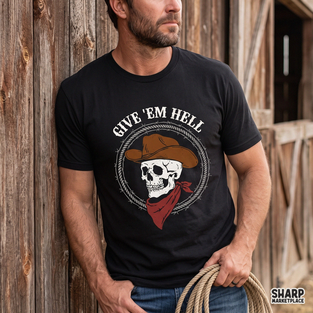 Western cowboy skull PNG with barbed wire and outlaw skeleton design for retro country rebel shirt printing