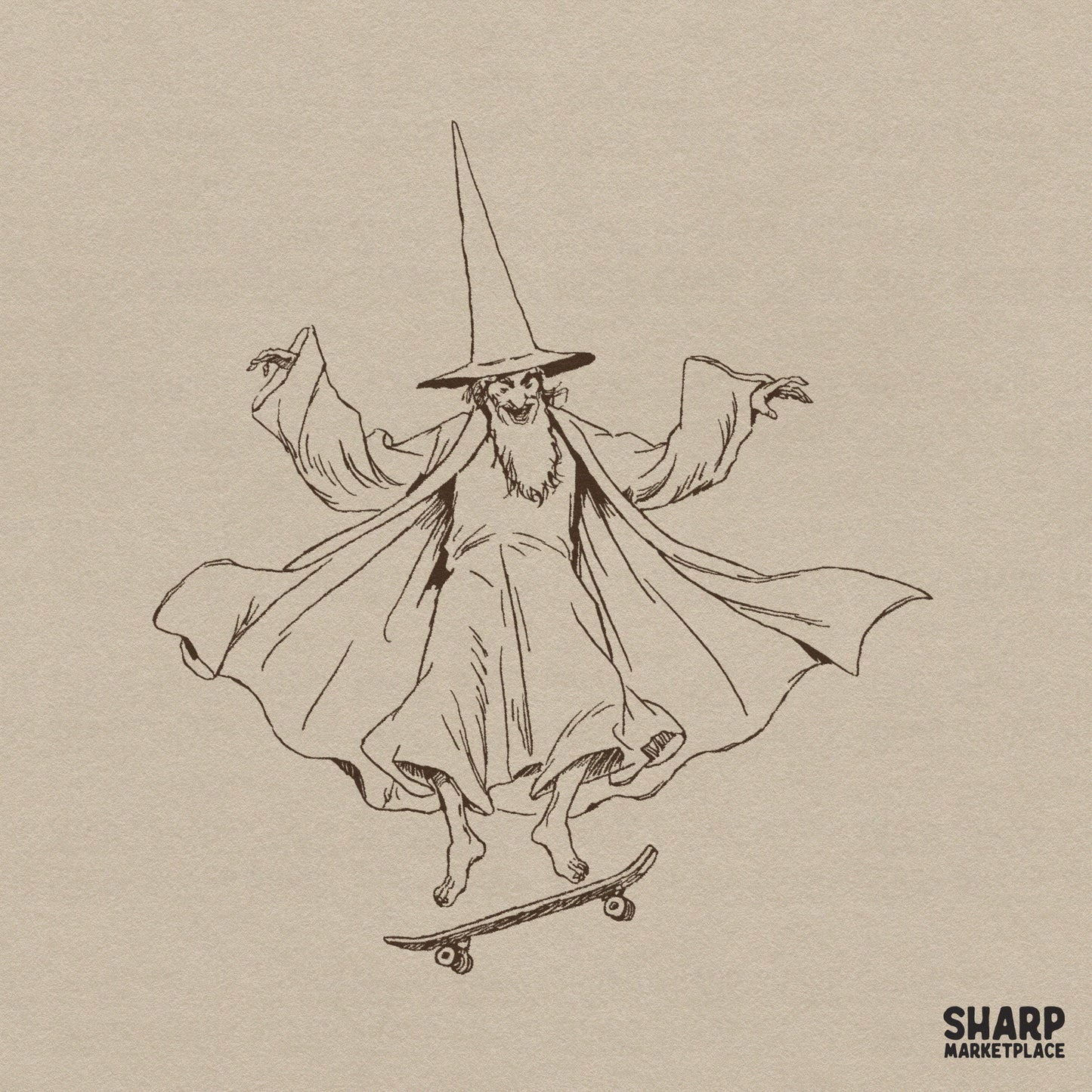 Funny retro png streetwear graphic sketch of a skateboarding wizard doing a kickflip trick for trendy shirt designs