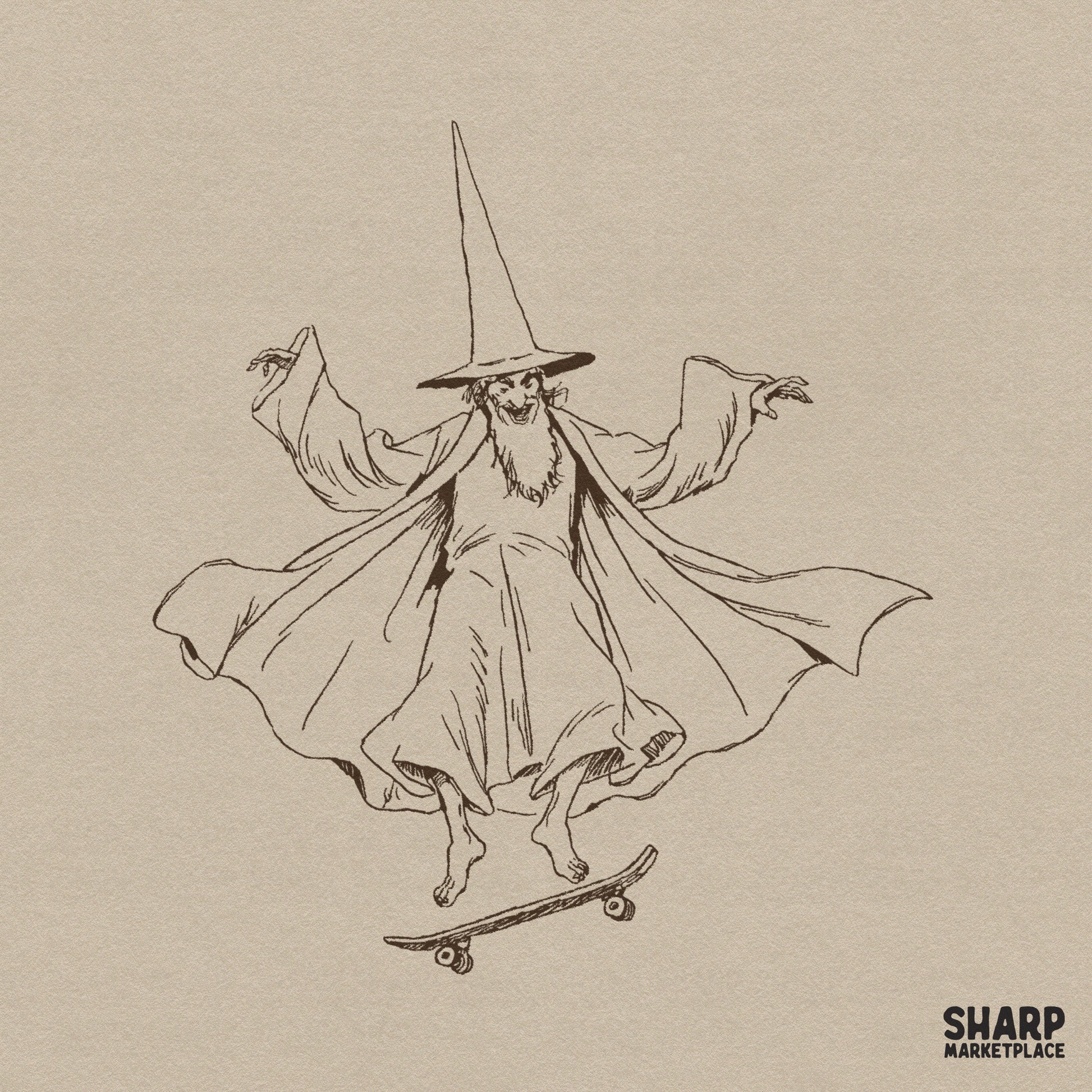 Funny retro png streetwear graphic sketch of a skateboarding wizard doing a kickflip trick for trendy shirt designs