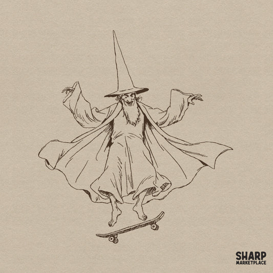 Funny retro png streetwear graphic sketch of a skateboarding wizard doing a kickflip trick for trendy shirt designs