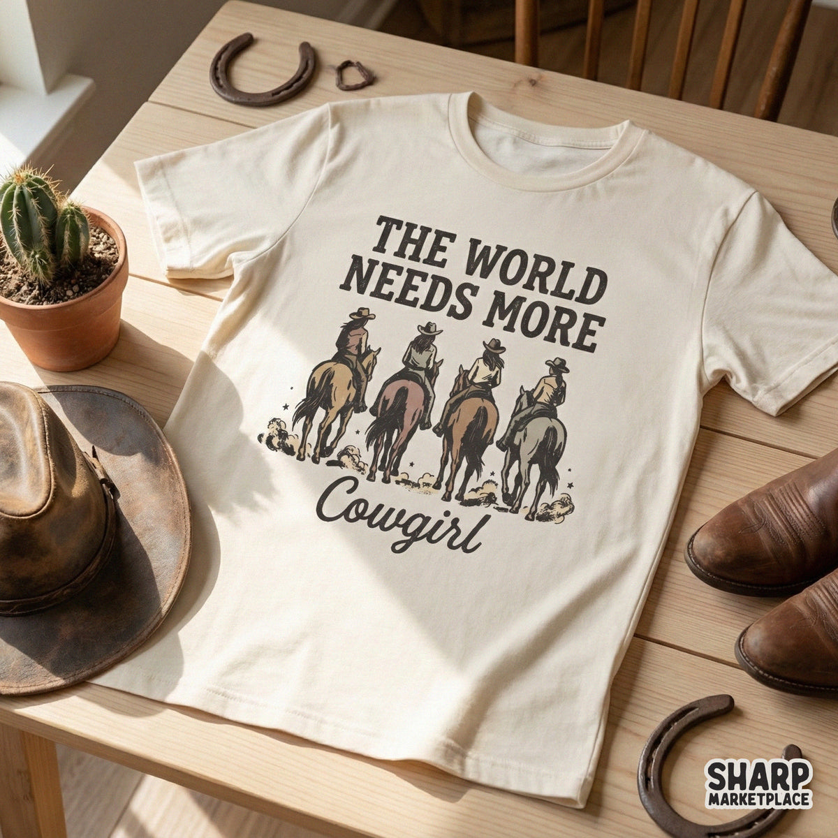 Cream colored t-shirt mockup displaying a retro western graphic of four women riding horses with the phrase The World Needs More Cowgirl.