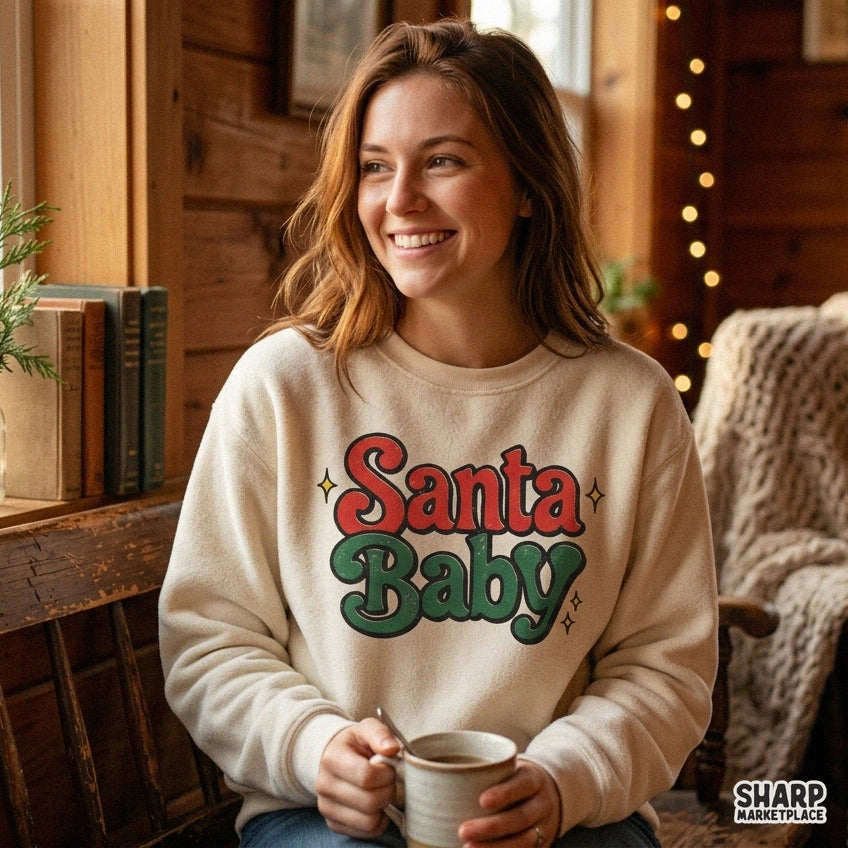 Santa Baby vintage script typography PNG design for retro Christmas shirt and holiday craft printing