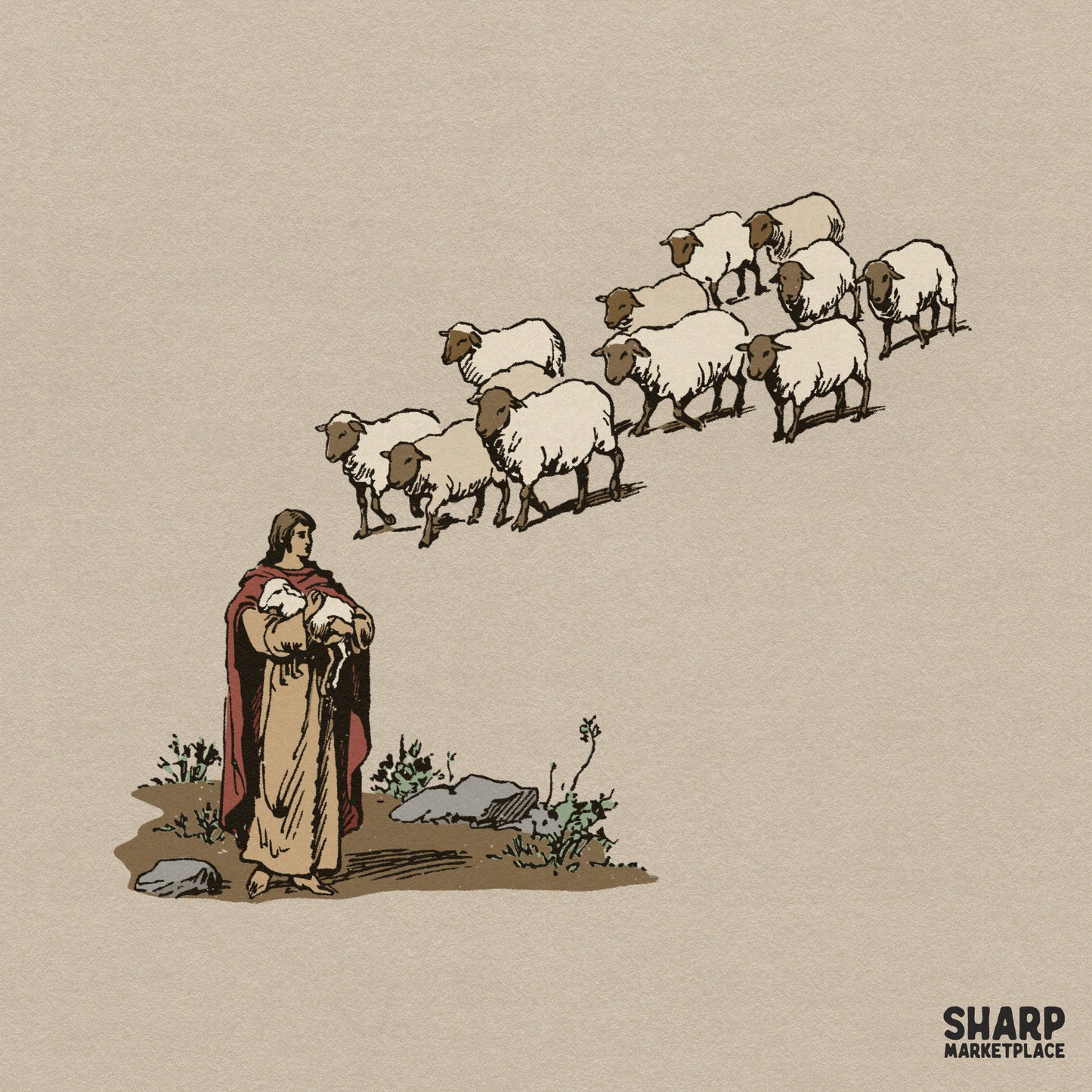 Jesus the Good Shepherd carrying a lost sheep Christian artwork for religious Easter sublimation and Bible verse prints