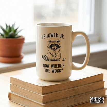 Digital graphic design of a raccoon with a coffee cup, ideal for DIY apparel, tumblers, or wall art prints for those who need caffeine to start the workday.