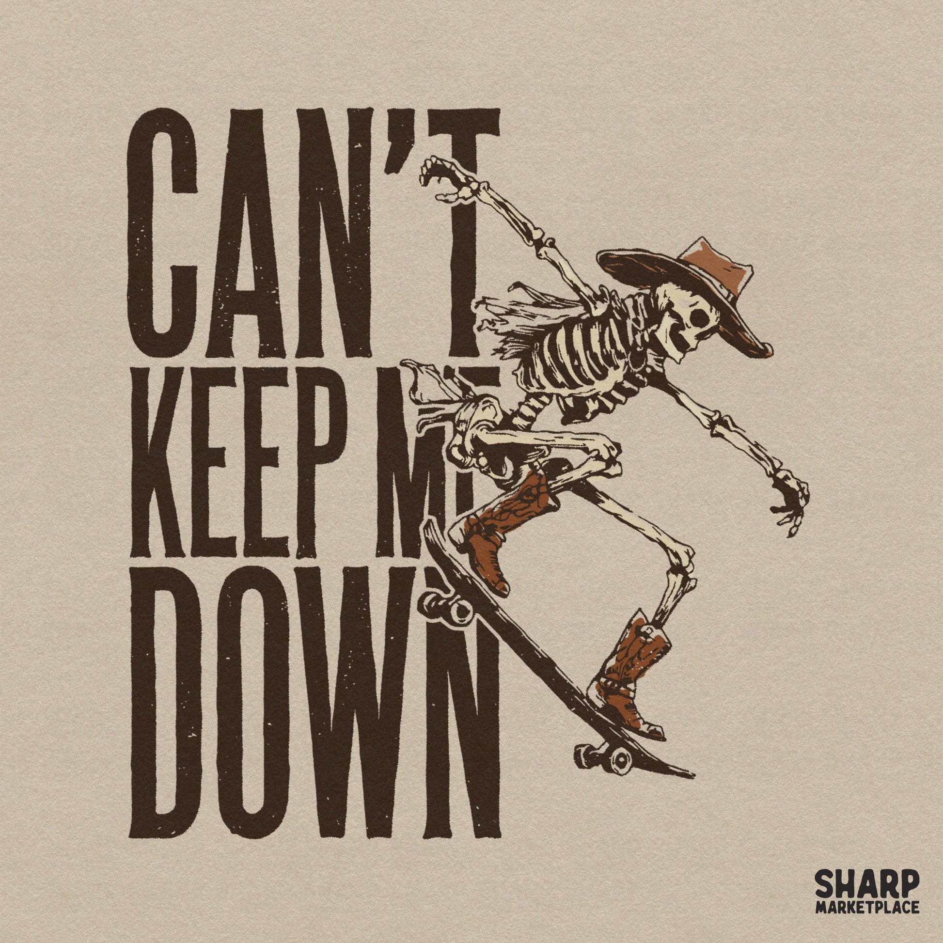 Funny western skateboard skeleton PNG sublimation design for edgy retro cowboy skull graphic tees