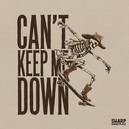Funny western skateboard skeleton PNG sublimation design for edgy retro cowboy skull graphic tees