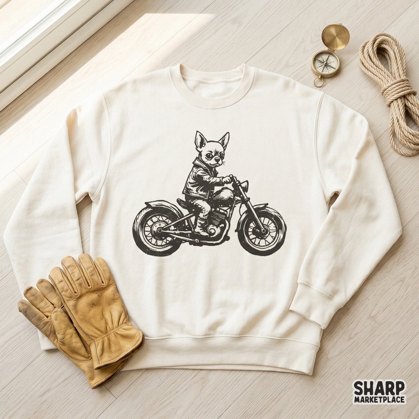 Retro style digital design of a small dog riding a motorcycle, rendered in a distressed black ink aesthetic for stickers, tumblers, and apparel.