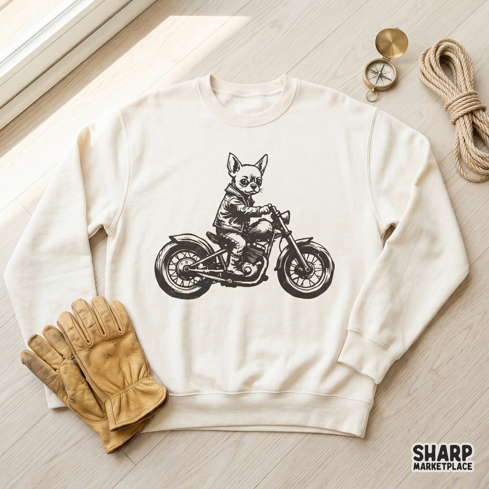 Retro style digital design of a small dog riding a motorcycle, rendered in a distressed black ink aesthetic for stickers, tumblers, and apparel.