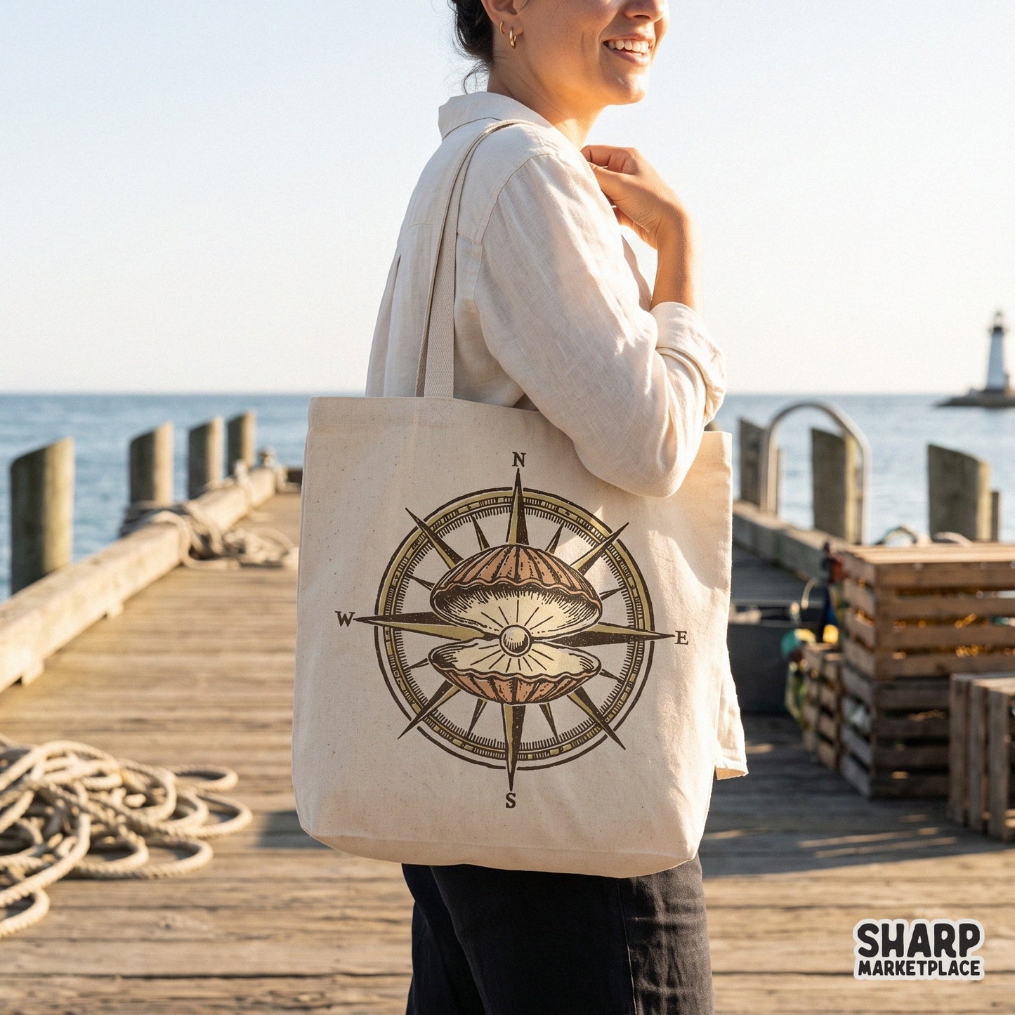 Vintage nautical compass and oyster pearl shell design for beach shirt sublimation png projects