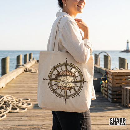 Vintage nautical compass and oyster pearl shell design for beach shirt sublimation png projects