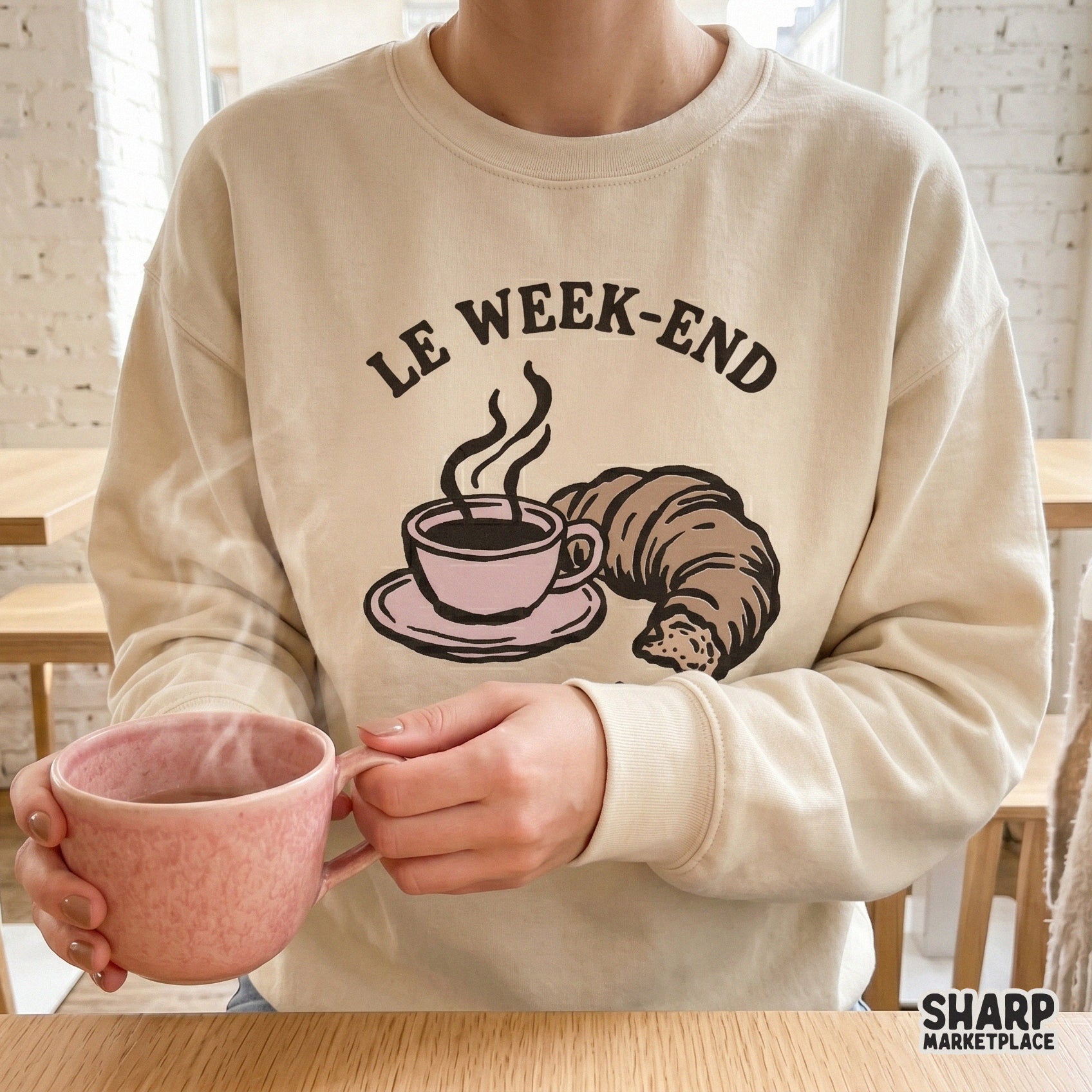 Le Week-End Coffee Croissant trendy retro PNG for Parisian cafe lovers and cute Sunday brunch aesthetic apparel design