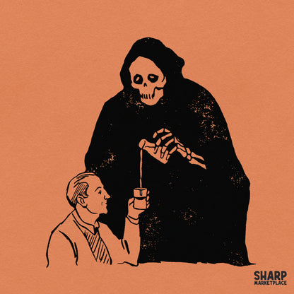 Retro horror PNG design featuring a Grim Reaper pouring a drink for a man, perfect for funny dark humor Halloween shirts