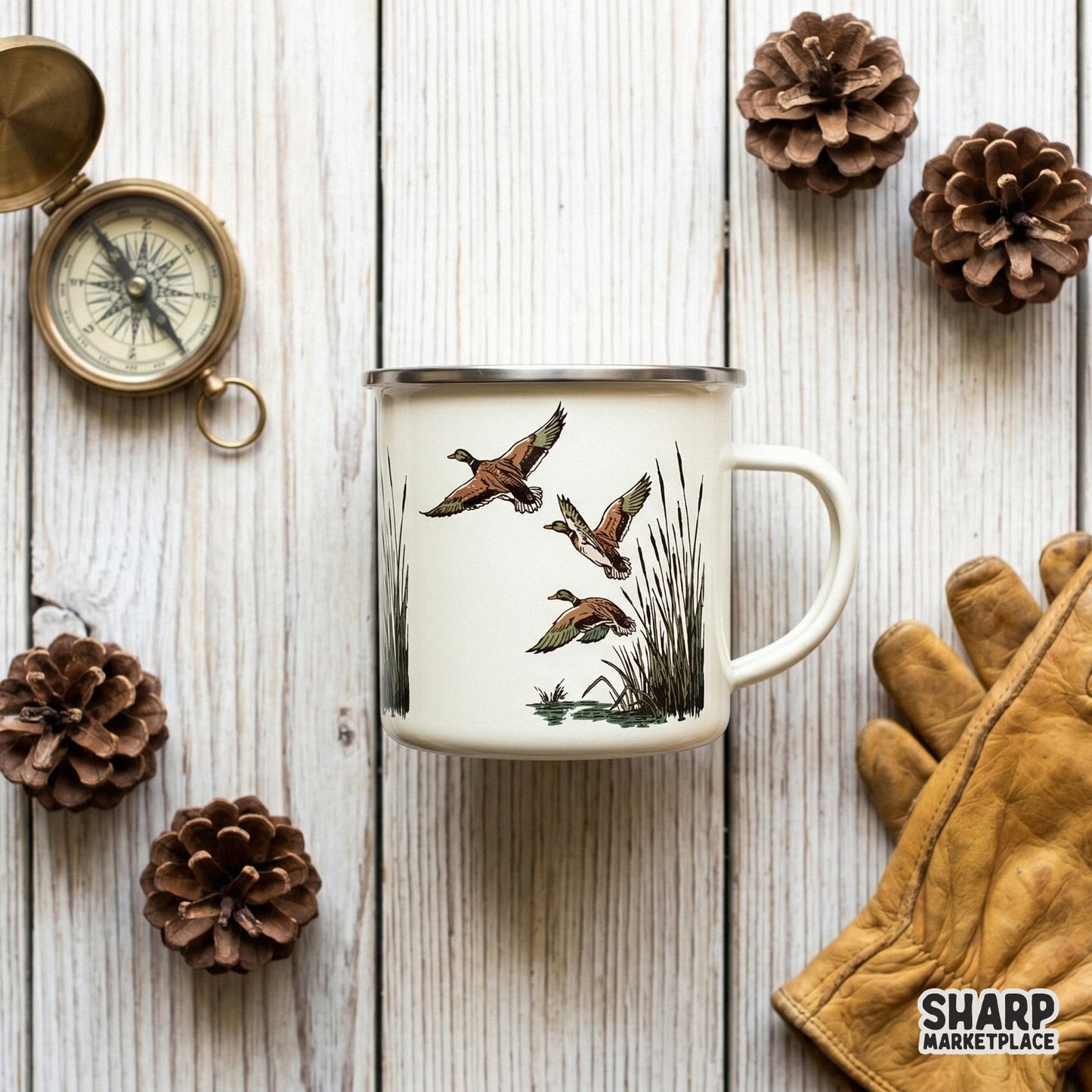 Artistic mallard duck flight scene with marsh grass and water reflections, suitable for creating custom outdoor-themed tumblers, apparel, and prints.