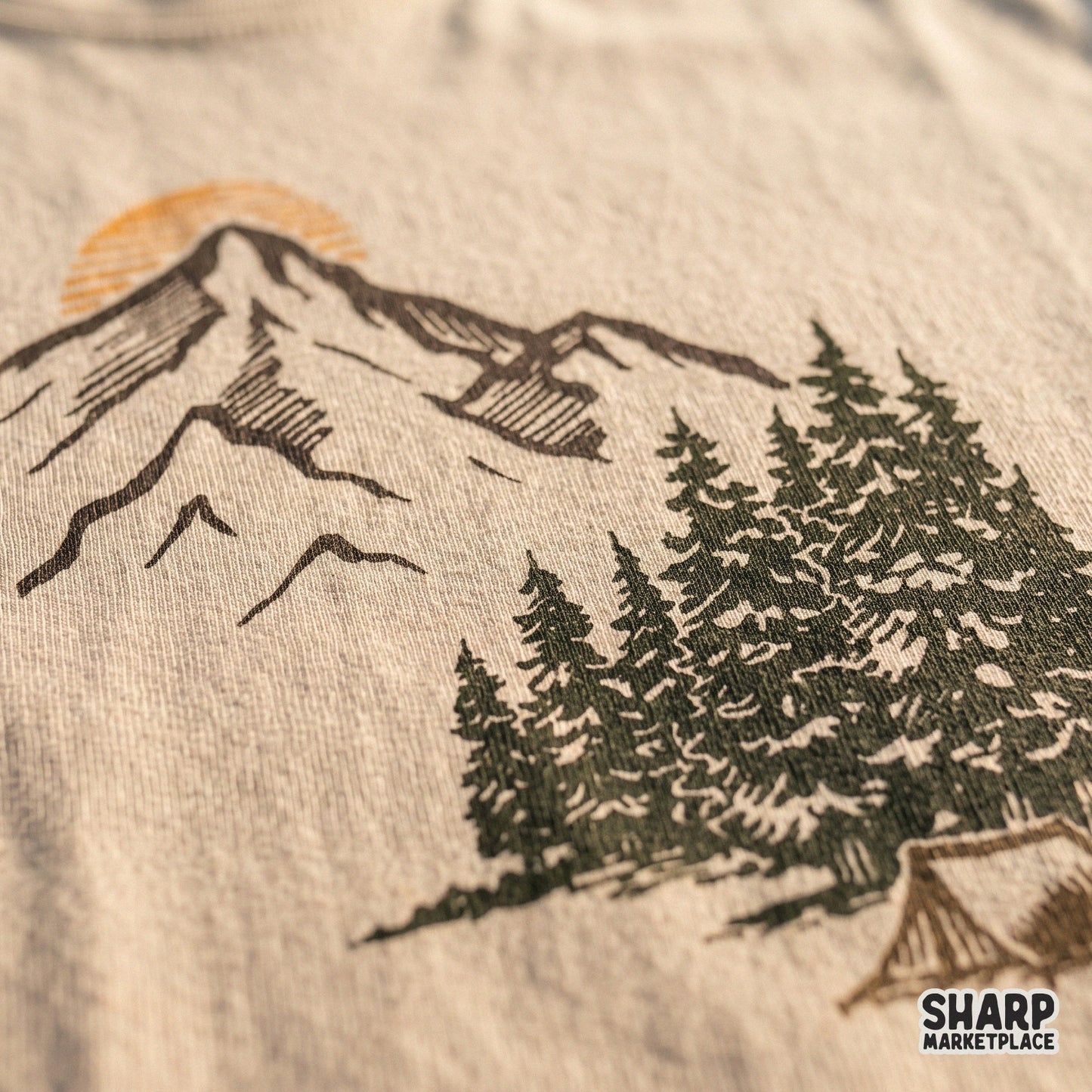 Retro vintage mountain camping scene with pine trees and outdoor tent, trendy camping png shirt design