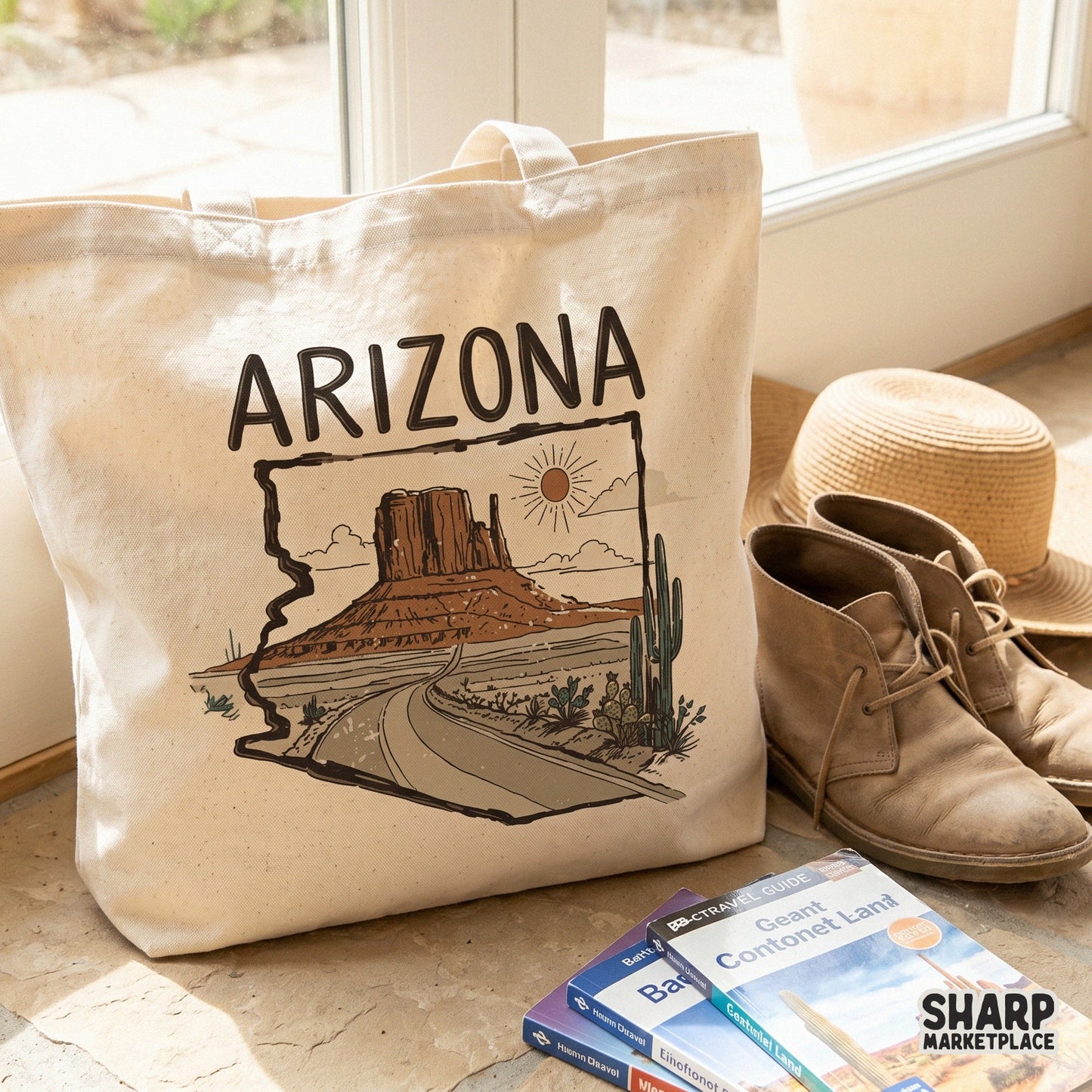 Tote bag mockup displaying a western Arizona desert scene with a winding road, iconic rock formations, and cacti in a retro, distressed style.