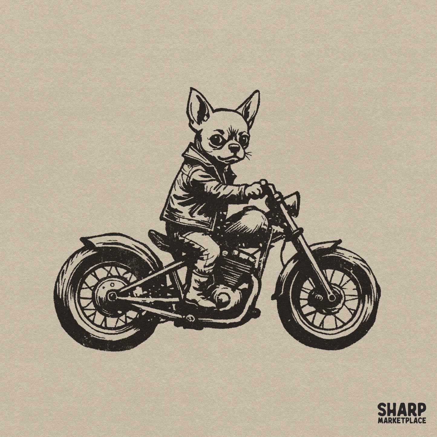 Detailed black ink illustration of a chihuahua wearing a leather biker jacket while riding a retro chopper motorcycle for apparel printing.
