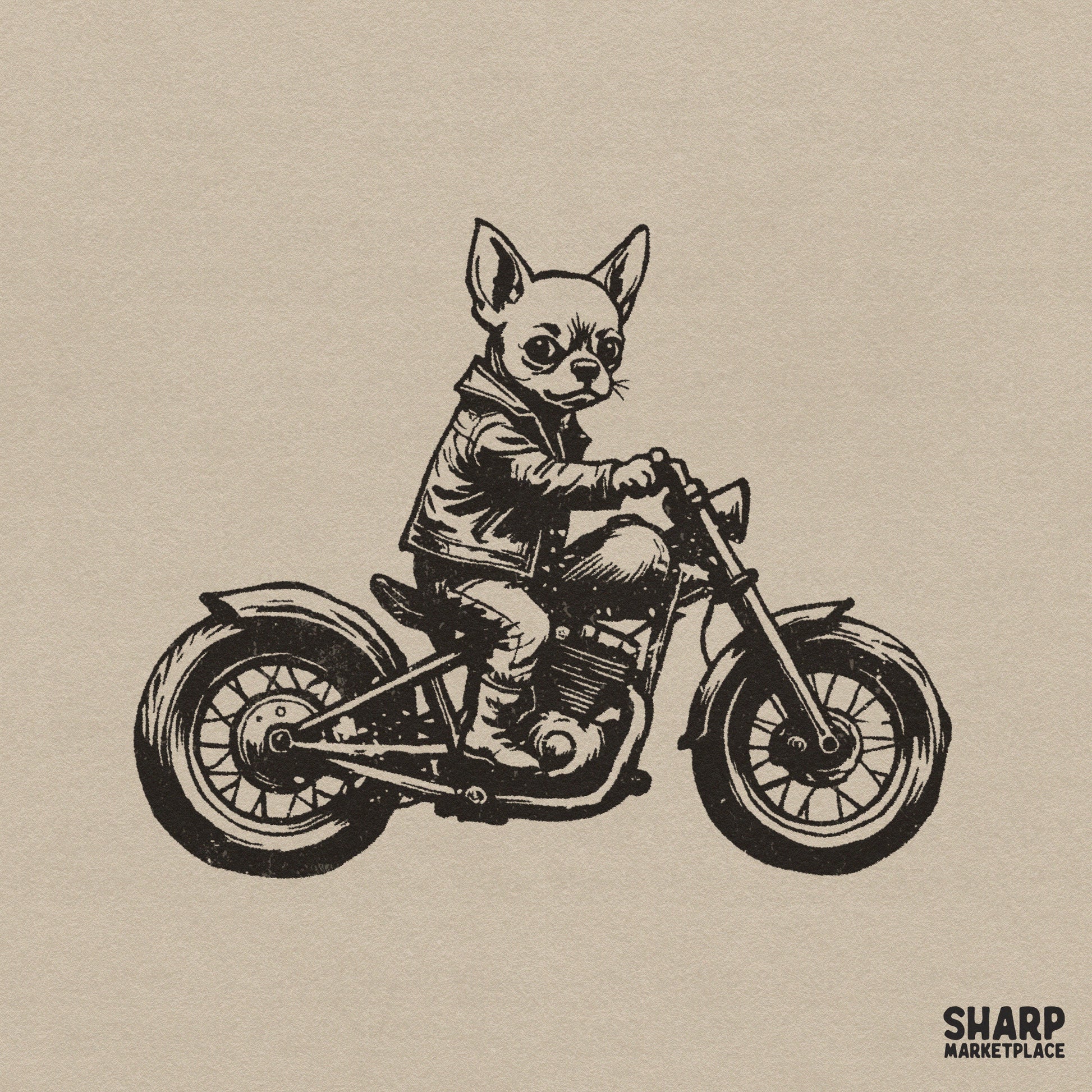 Detailed black ink illustration of a chihuahua wearing a leather biker jacket while riding a retro chopper motorcycle for apparel printing.