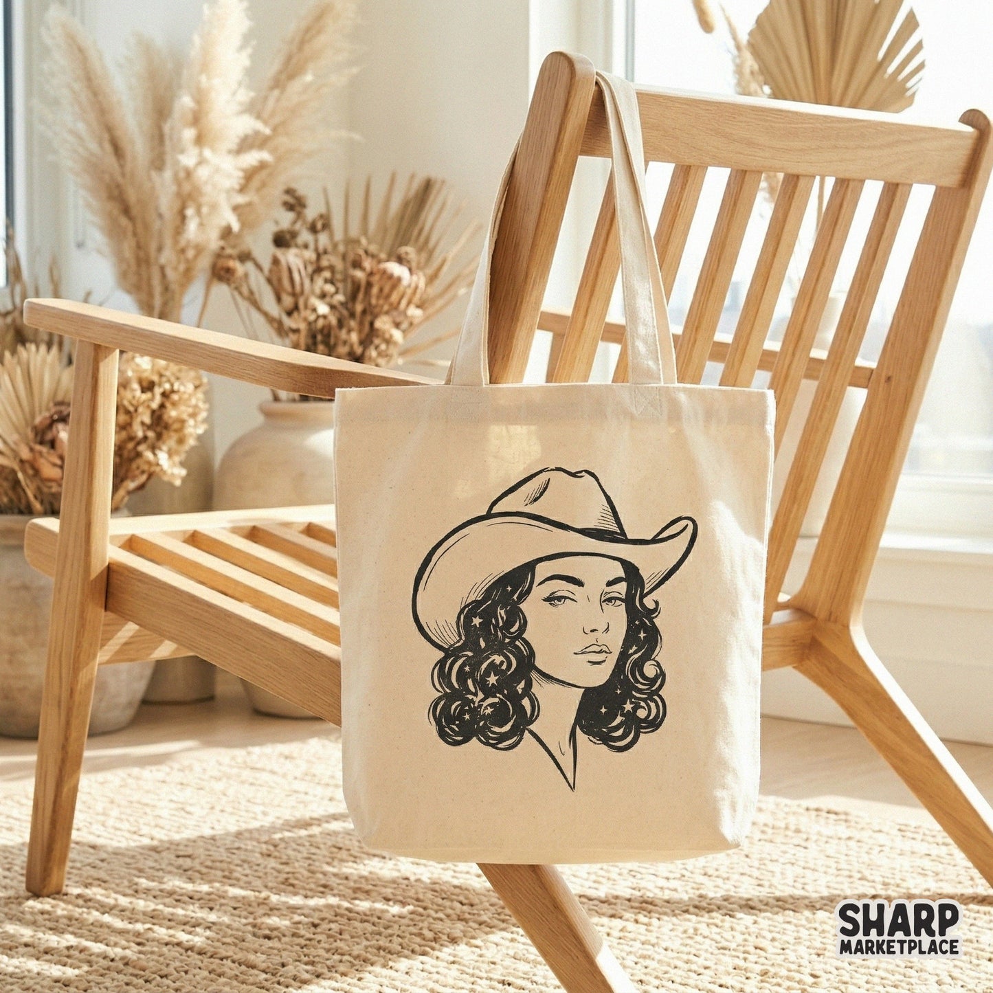 Vintage-inspired cowgirl graphic with starry hair accents, designed for versatile use in print-on-demand apparel, tumblers, and home decor.