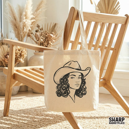 Vintage-inspired cowgirl graphic with starry hair accents, designed for versatile use in print-on-demand apparel, tumblers, and home decor.