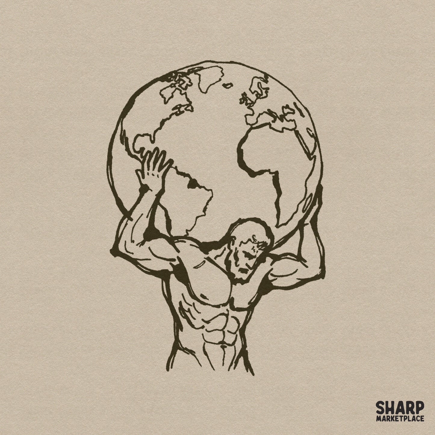 Hand-drawn illustration of a muscular figure holding up a globe, featuring bold sketchy linework in a vintage monochromatic brown ink style.