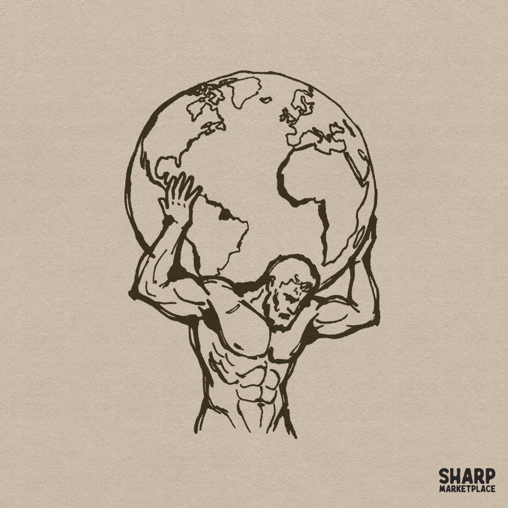 Hand-drawn illustration of a muscular figure holding up a globe, featuring bold sketchy linework in a vintage monochromatic brown ink style.