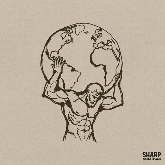 Hand-drawn illustration of a muscular figure holding up a globe, featuring bold sketchy linework in a vintage monochromatic brown ink style.