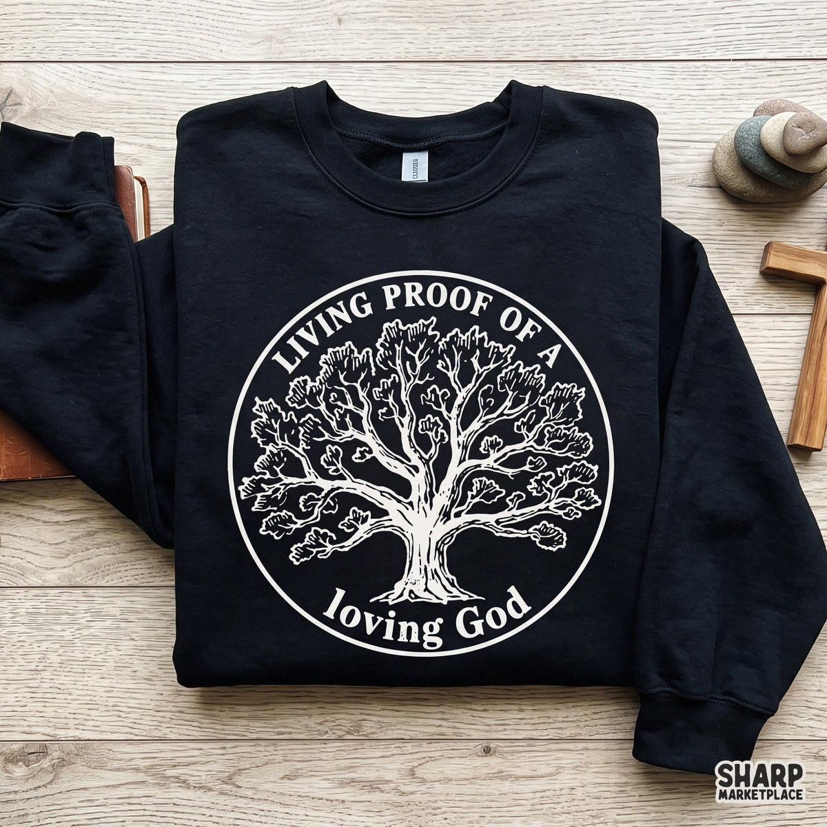 Living Proof Of A Loving God tree of life Christian PNG graphic for faith t-shirts and apparel