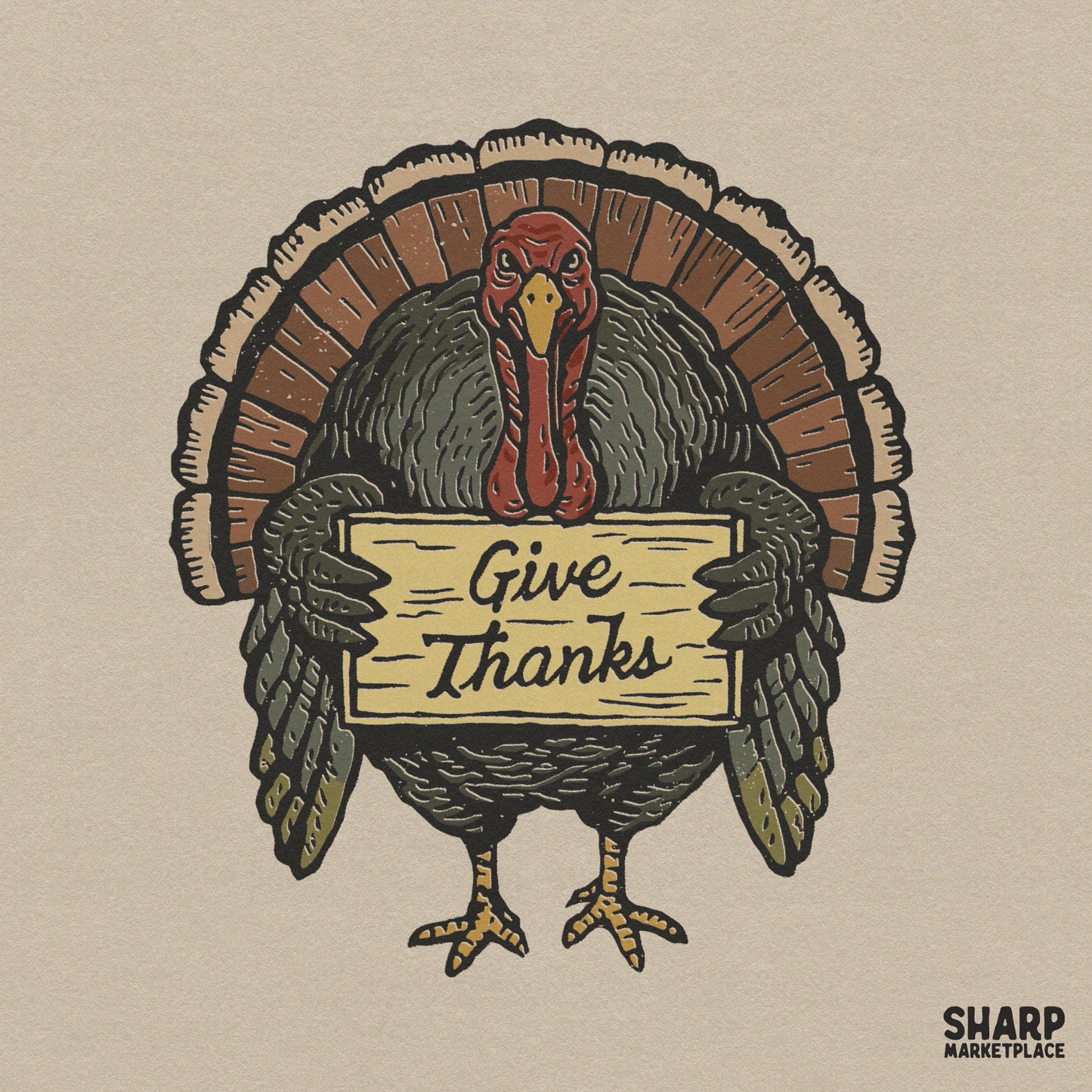 Retro funny turkey holding a give thanks sign for a Thanksgiving shirt or sublimation craft