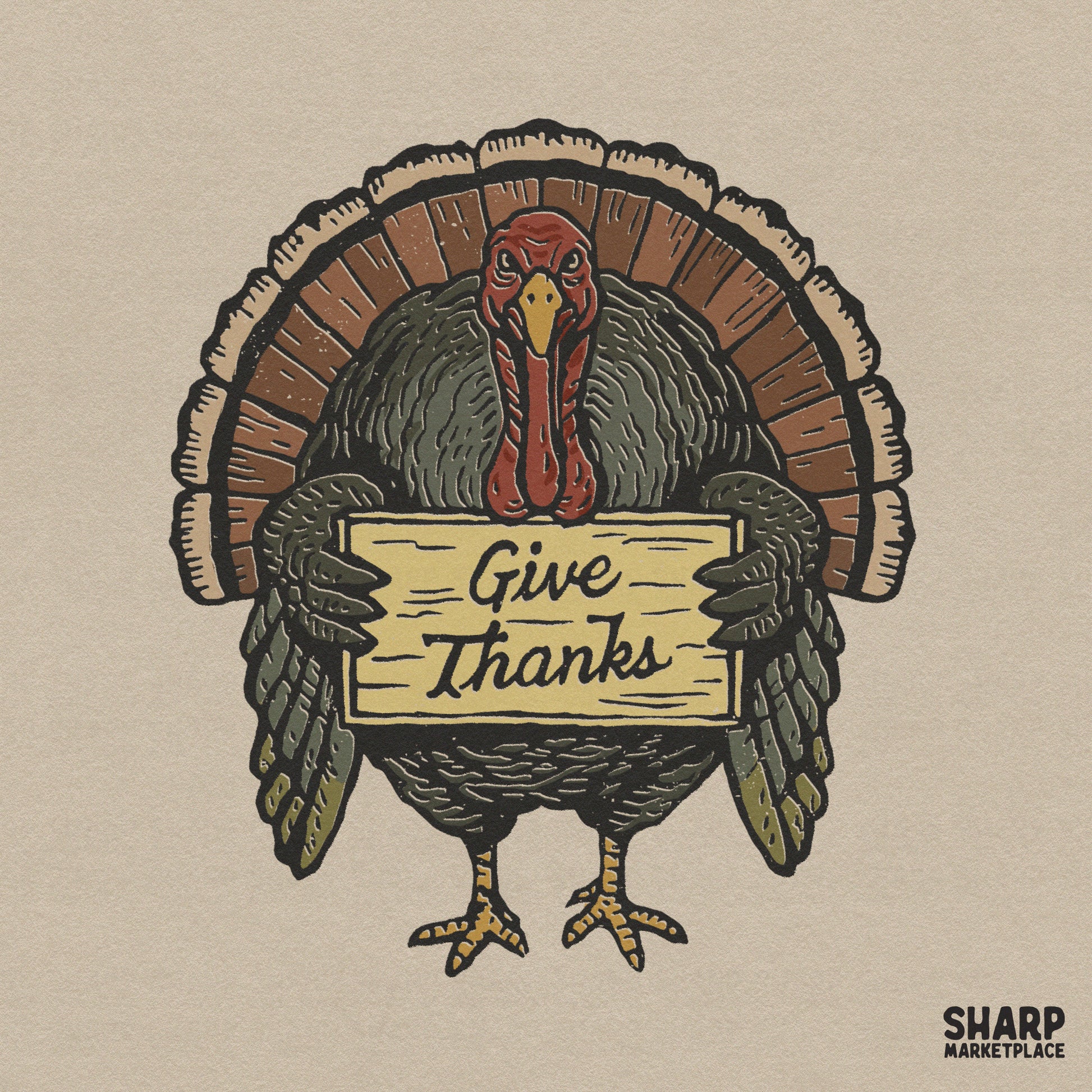 Retro funny turkey holding a give thanks sign for a Thanksgiving shirt or sublimation craft