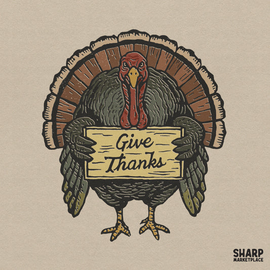 Retro funny turkey holding a give thanks sign for a Thanksgiving shirt or sublimation craft