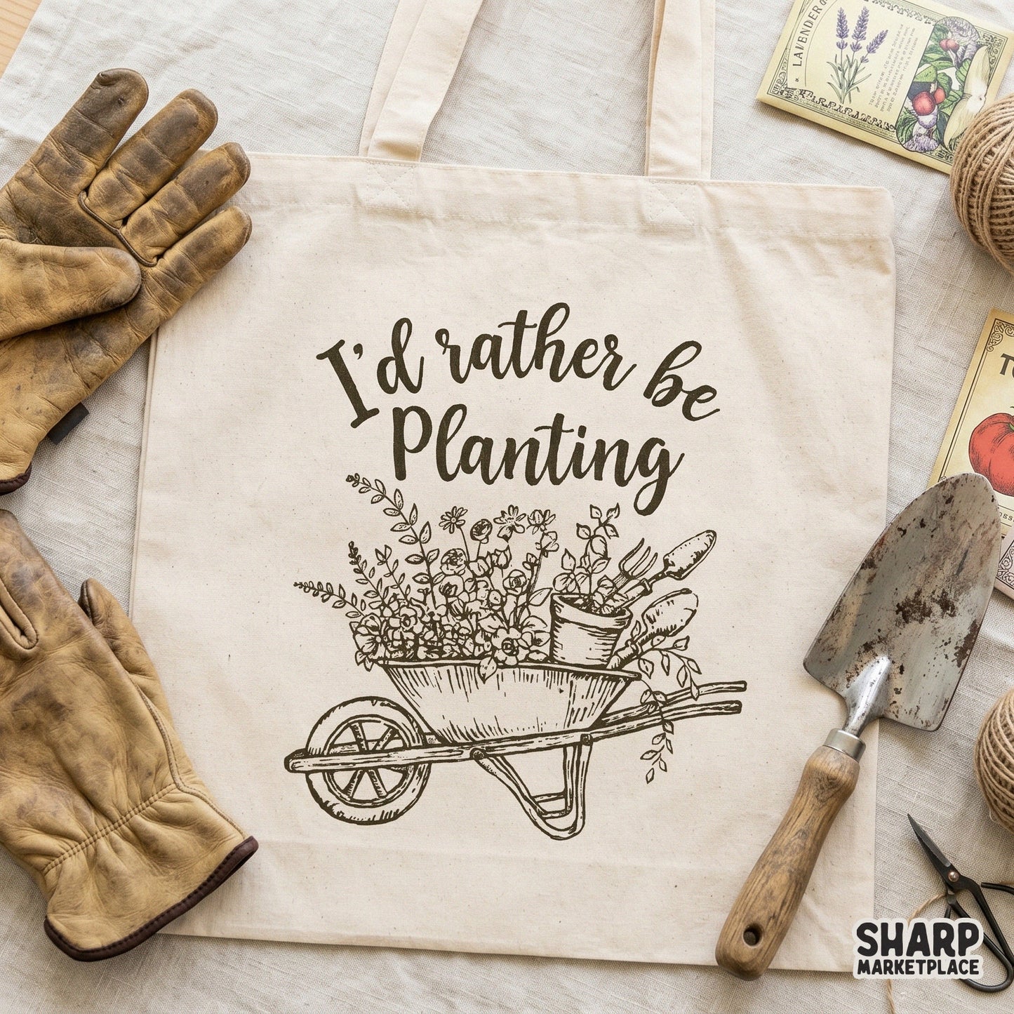 Rustic brown sketch of a garden cart with flowers and trowels, designed for high-quality digital printing on t-shirts or tote bags.