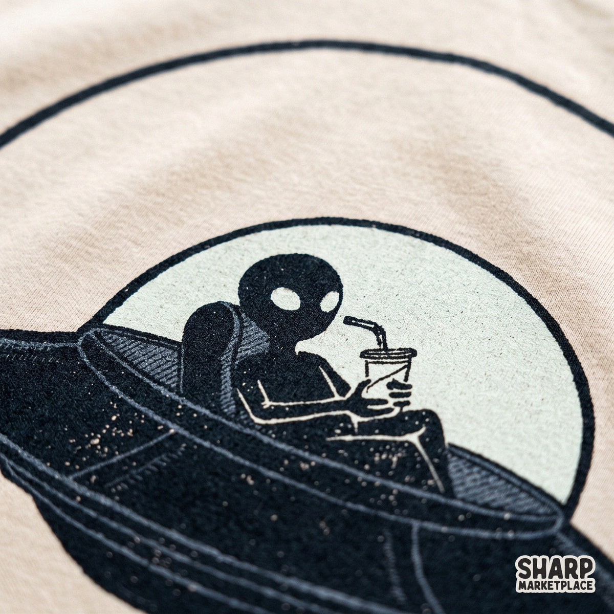 Funny alien in a UFO drinking iced coffee space graphic for shirt and tumbler sublimation designs