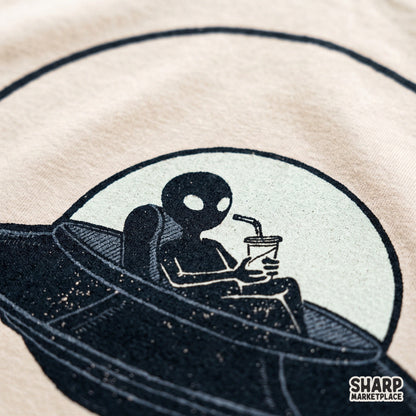Funny alien in a UFO drinking iced coffee space graphic for shirt and tumbler sublimation designs