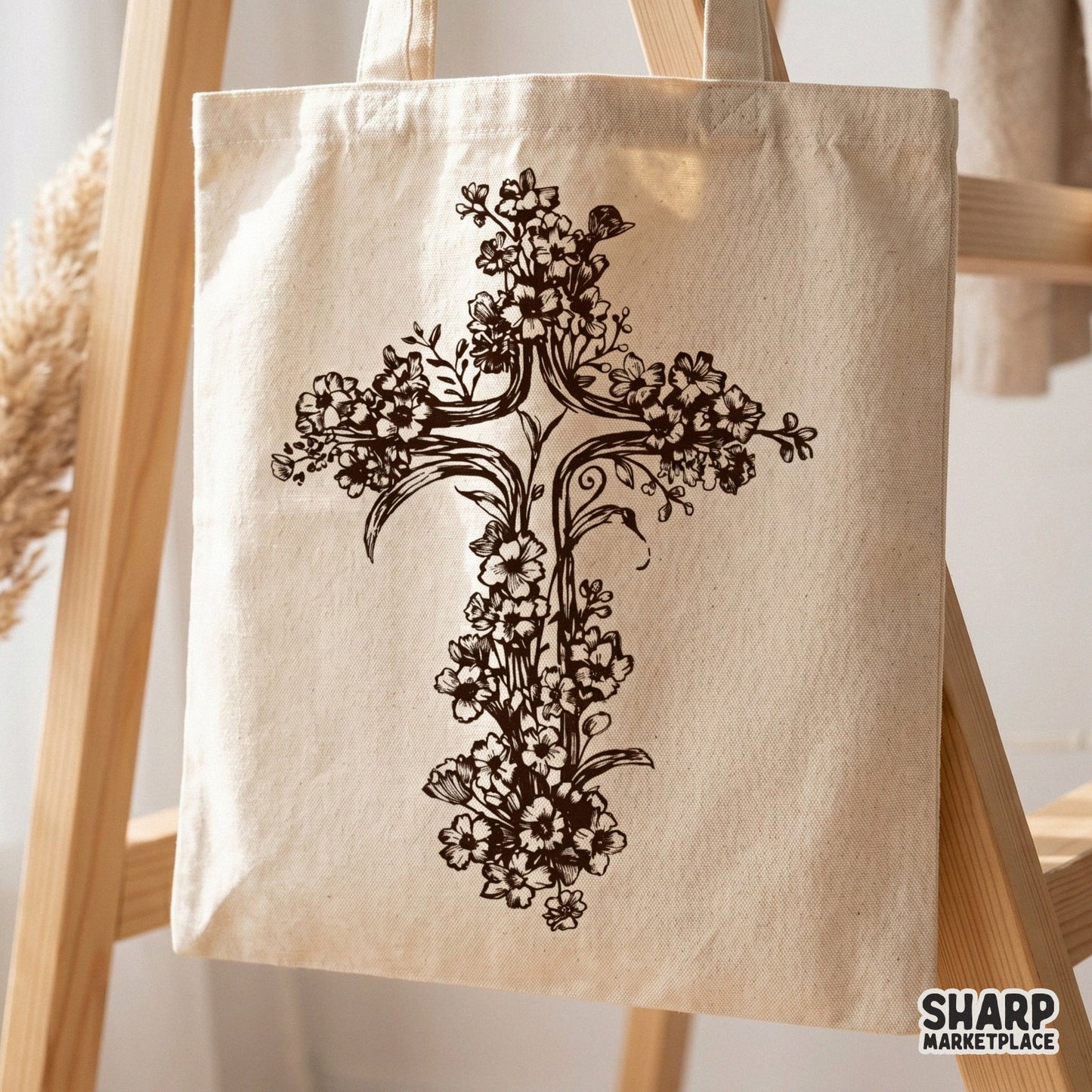 Elegant wildflower cross digital art with a serene, spiritual aesthetic suitable for high-quality sublimation transfers and religious apparel.