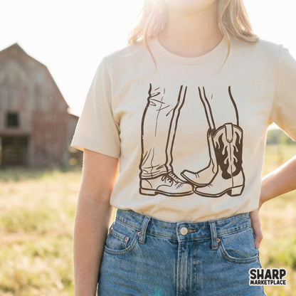 Rustic western couple design featuring a cowboy and cowgirl boot silhouette, ideal for custom country-themed t-shirts, tumblers, and DIY romantic gifts.