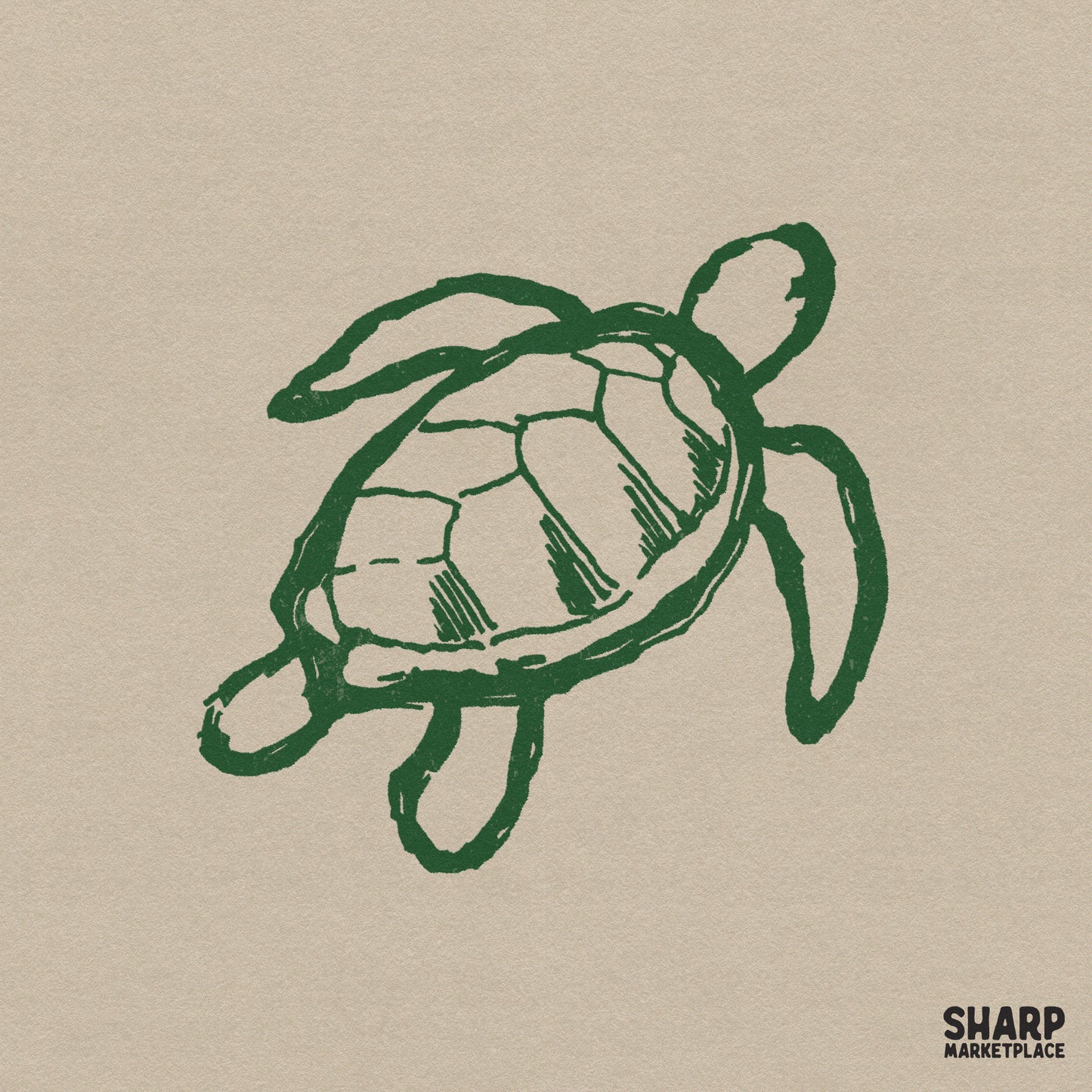 Hand-drawn forest green sea turtle sketch with organic line art, perfect for coastal apparel, summer sublimation projects, and DIY beach-themed crafts.