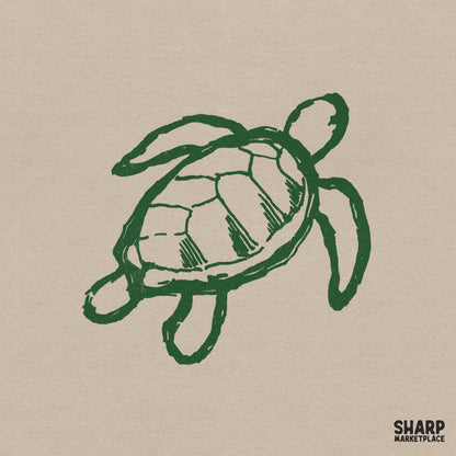 Hand-drawn forest green sea turtle sketch with organic line art, perfect for coastal apparel, summer sublimation projects, and DIY beach-themed crafts.