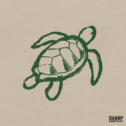 Hand-drawn forest green sea turtle sketch with organic line art, perfect for coastal apparel, summer sublimation projects, and DIY beach-themed crafts.