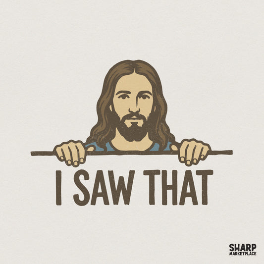 Digital illustration of a man with long hair and a beard peeking over a ledge with the text I Saw That in a bold, distressed brown font for apparel.