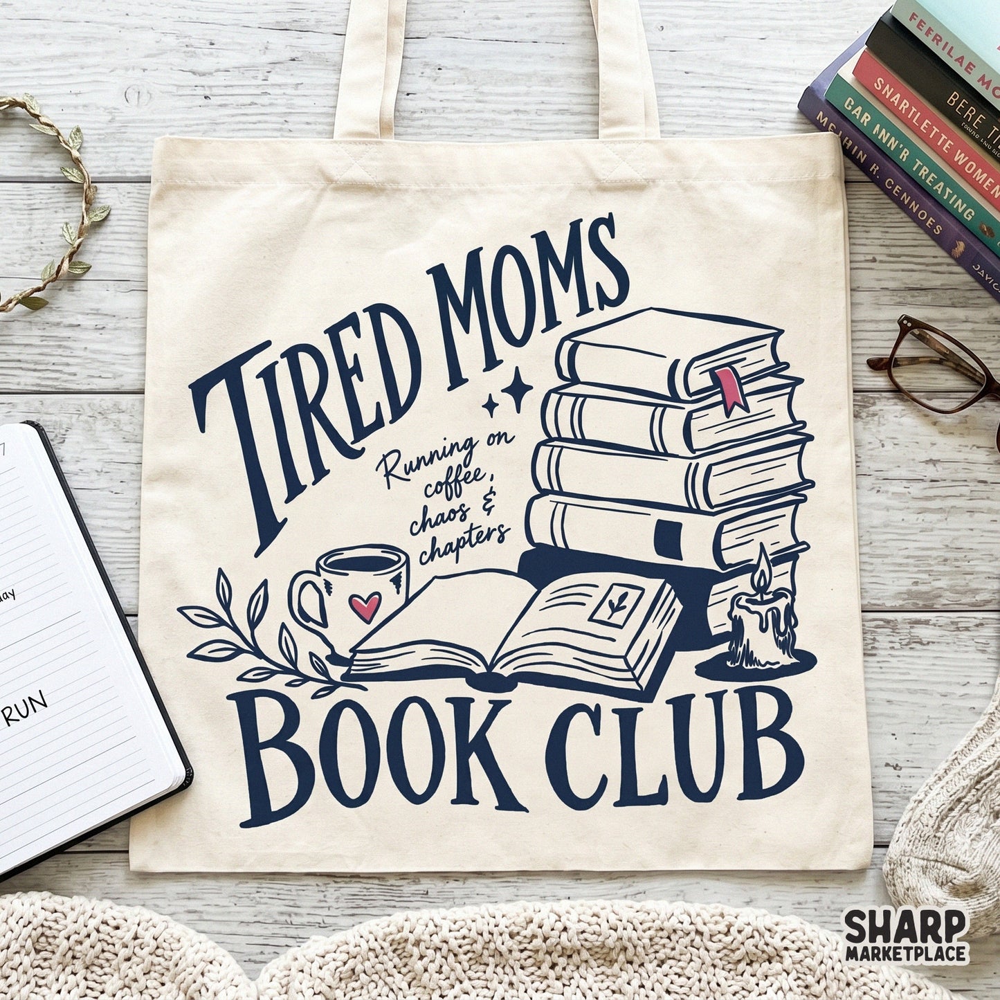 Whimsical bookish illustration in navy blue with pink accents featuring a stack of books and coffee, designed for DIY projects like stickers, tumblers, or