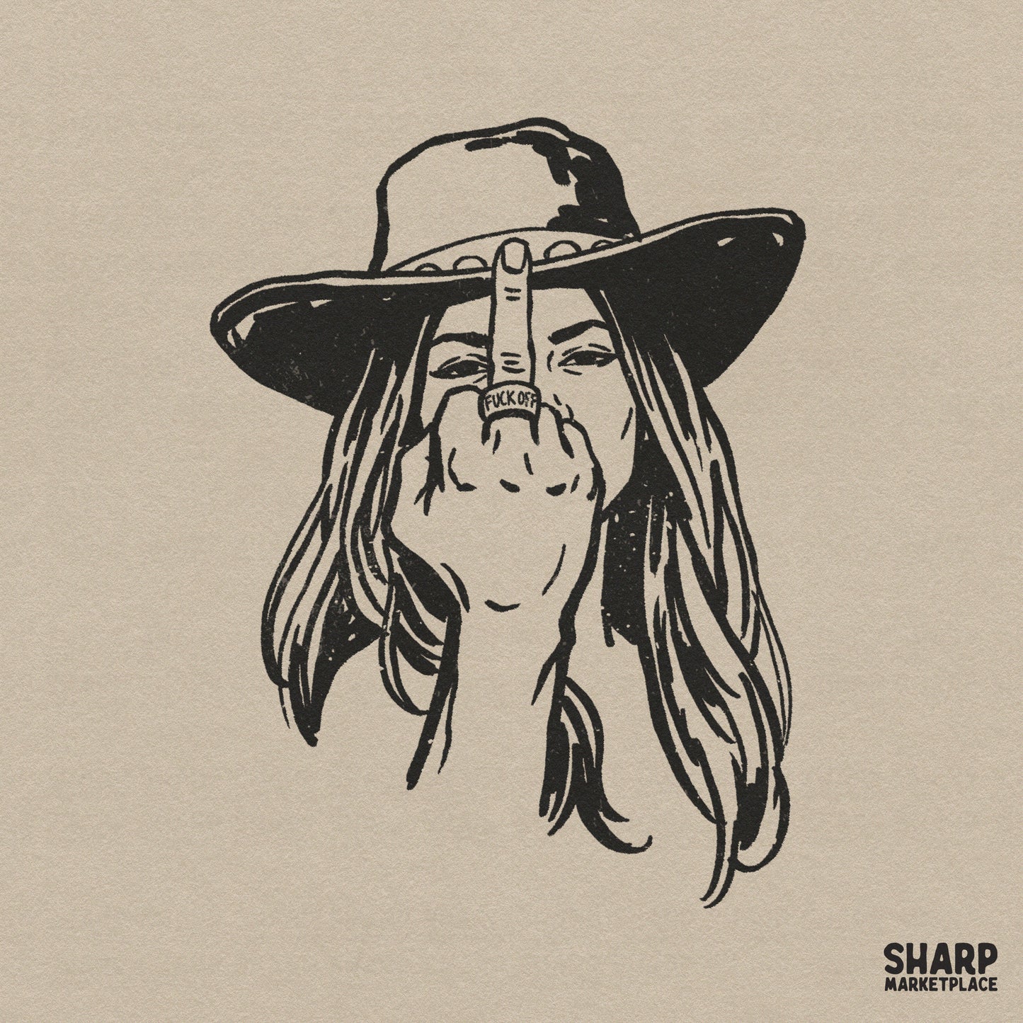 Black and white line art sketch of a cowgirl in a cowboy hat giving a middle finger, featuring a ring with a rebellious phrase for apparel designs.
